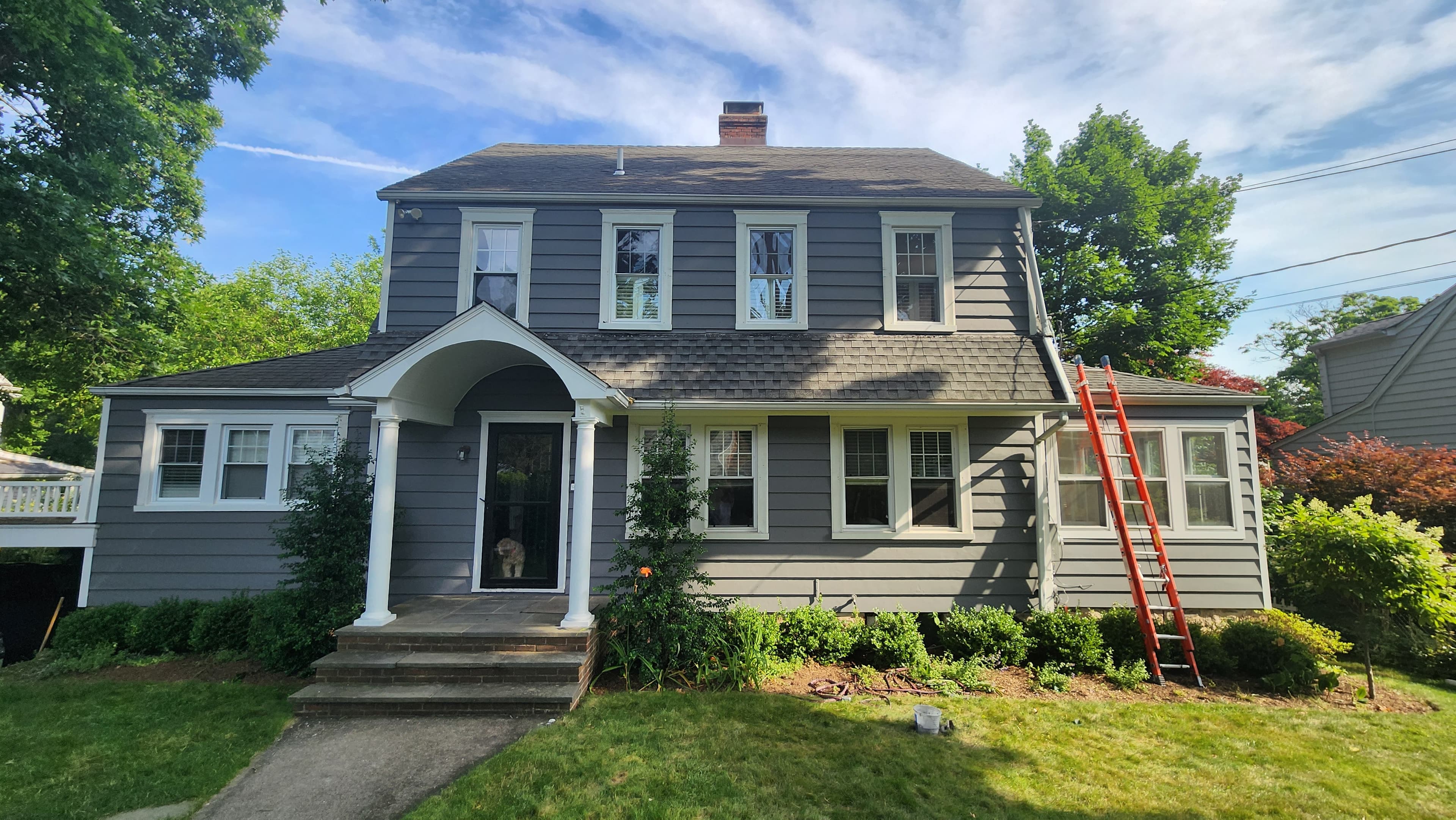 Image of a house after being painted completely with a ladder leaning against it